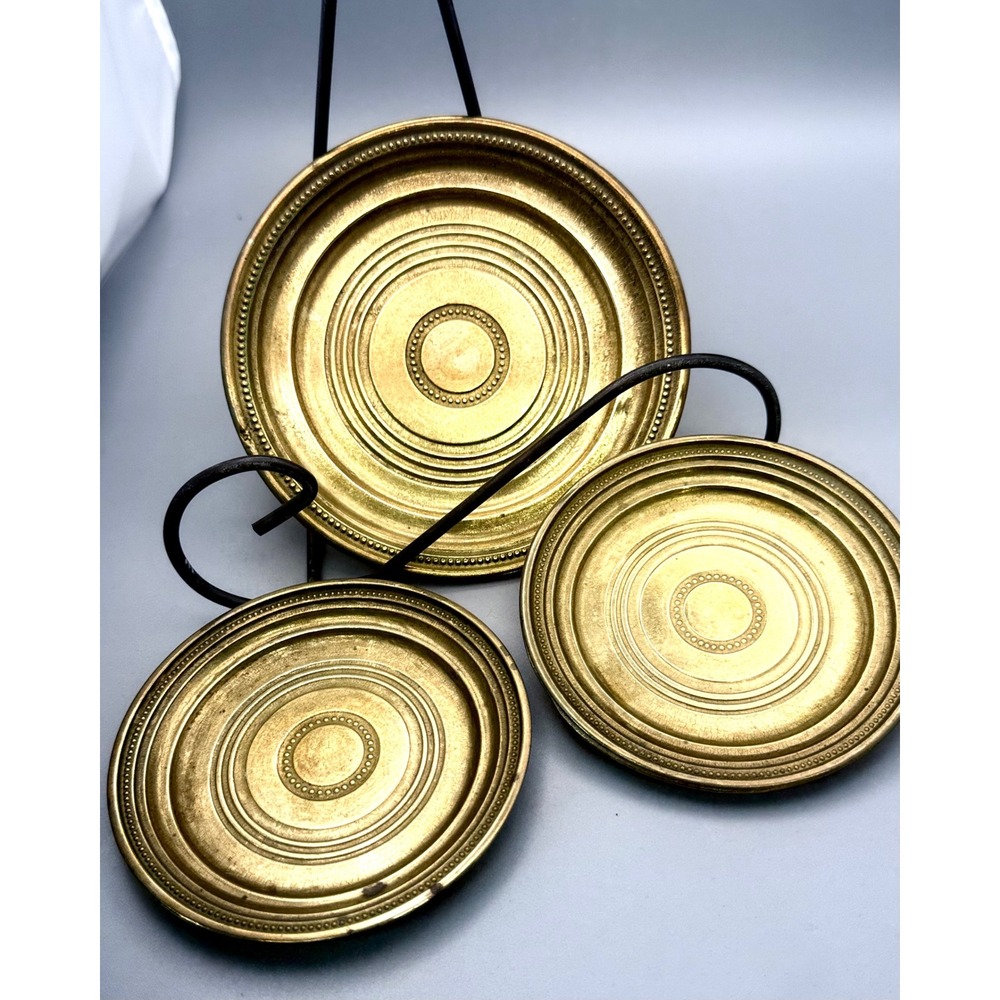 Vintage Made in Italy Gilt Metal Display Plates Easel Stands Set of 3 Gold